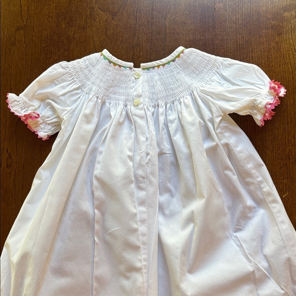Avavini Hand Smocked White Dress W/Pink And Blue Embroidered Christmas Deco 18M - Picture 7 of 8